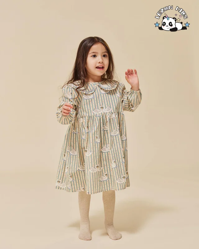 LEZONKIDS - Vestidos Personalizáveis de Alta Qualidade para Meninas com Mangas Longas para Primavera e Outono com Impressão de Cisne e Listras Azuis